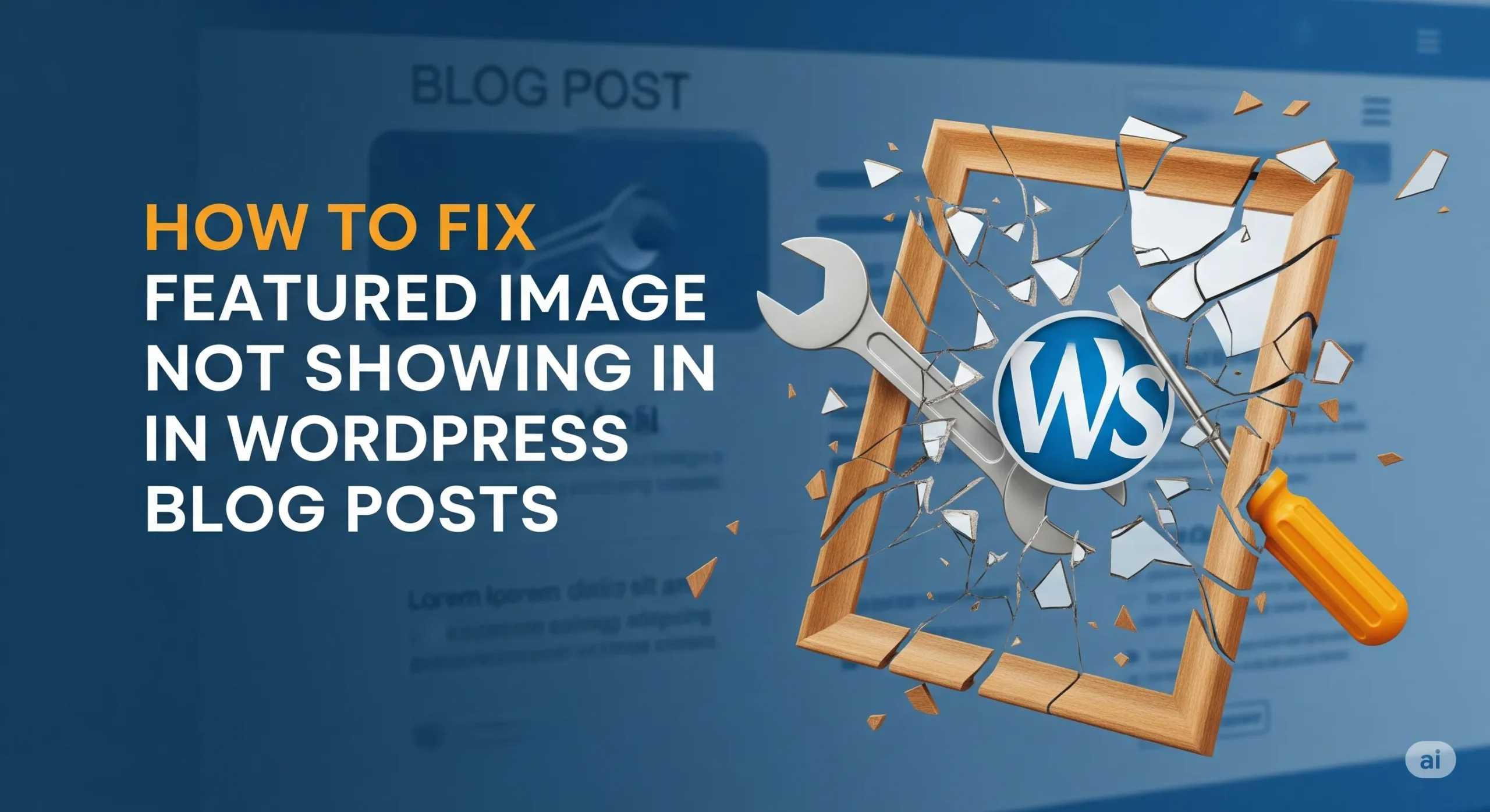 Prompt for Generating a Featured Image for the Article Create a visually appealing featured image for an article titled "How to Troubleshoot and Fix Featured Image Not Showing in WordPress Blog Posts." The image should be professional, modern, and relevant to WordPress and web development. Use the following guidelines: Dimensions: 1200x600 pixels (standard for WordPress featured images). Style: Clean, minimalistic, and tech-themed with a focus on WordPress aesthetics. Elements: Include visuals like a WordPress logo, a computer screen displaying a blog post with a placeholder or broken image icon, and subtle coding or website design elements (e.g., HTML/CSS code snippets or a media library icon). Color Scheme: Use WordPress-inspired colors (blues, whites, and grays) with high-contrast, vibrant accents to ensure visibility on both light and dark website themes. Fix Featured Image Not Showing in WordPress Blog Posts